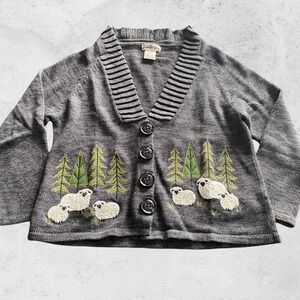Timberlea Cardigan Sweater Large  Sheep Trees Grey Snap Button Cottagecore Raime